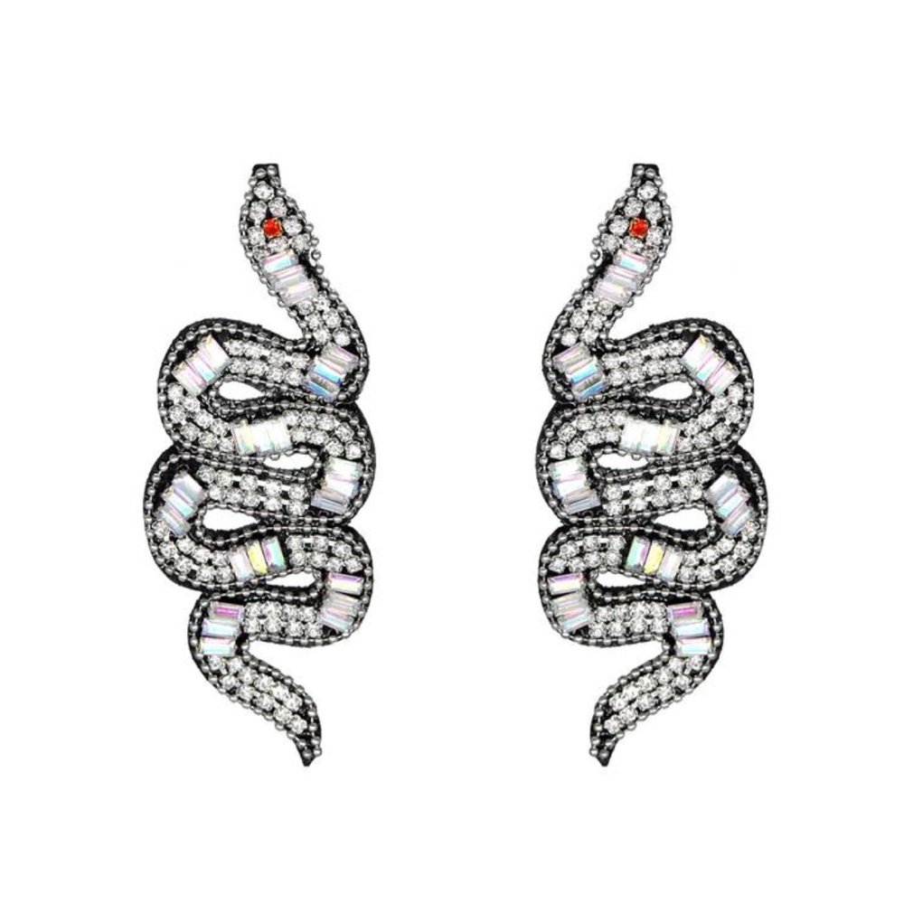 Snake Beaded Crystal Felt Back Earrings- Clear